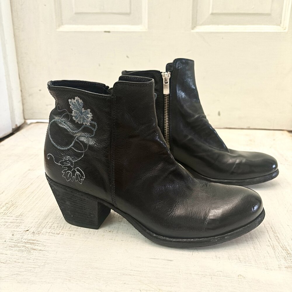 Officine Creative Leather Black Embroidered Booties Ankle Boot Italian 37 | US 7